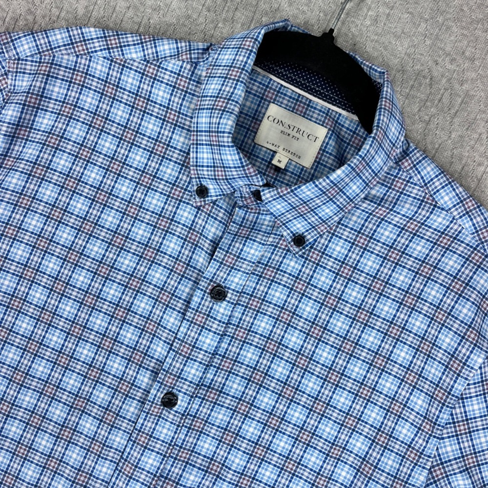 CON.STRUCT Button Down Mens M Blue Plaid Slim Fit‎ 4-Way Stretch Short Sleeve